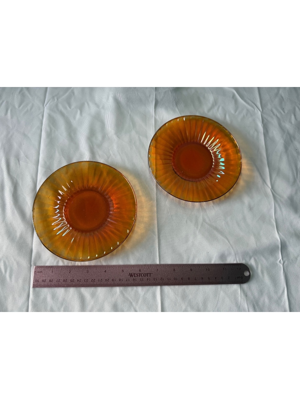 Vintage Marigold Carnival Glass Ribbed Saucers Set of 2 Iridescent Orange 6”